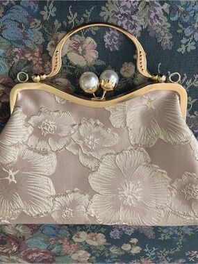 Pearl-Accent Floral Satin Mini Handbag - Blush Pink Brocade NEW